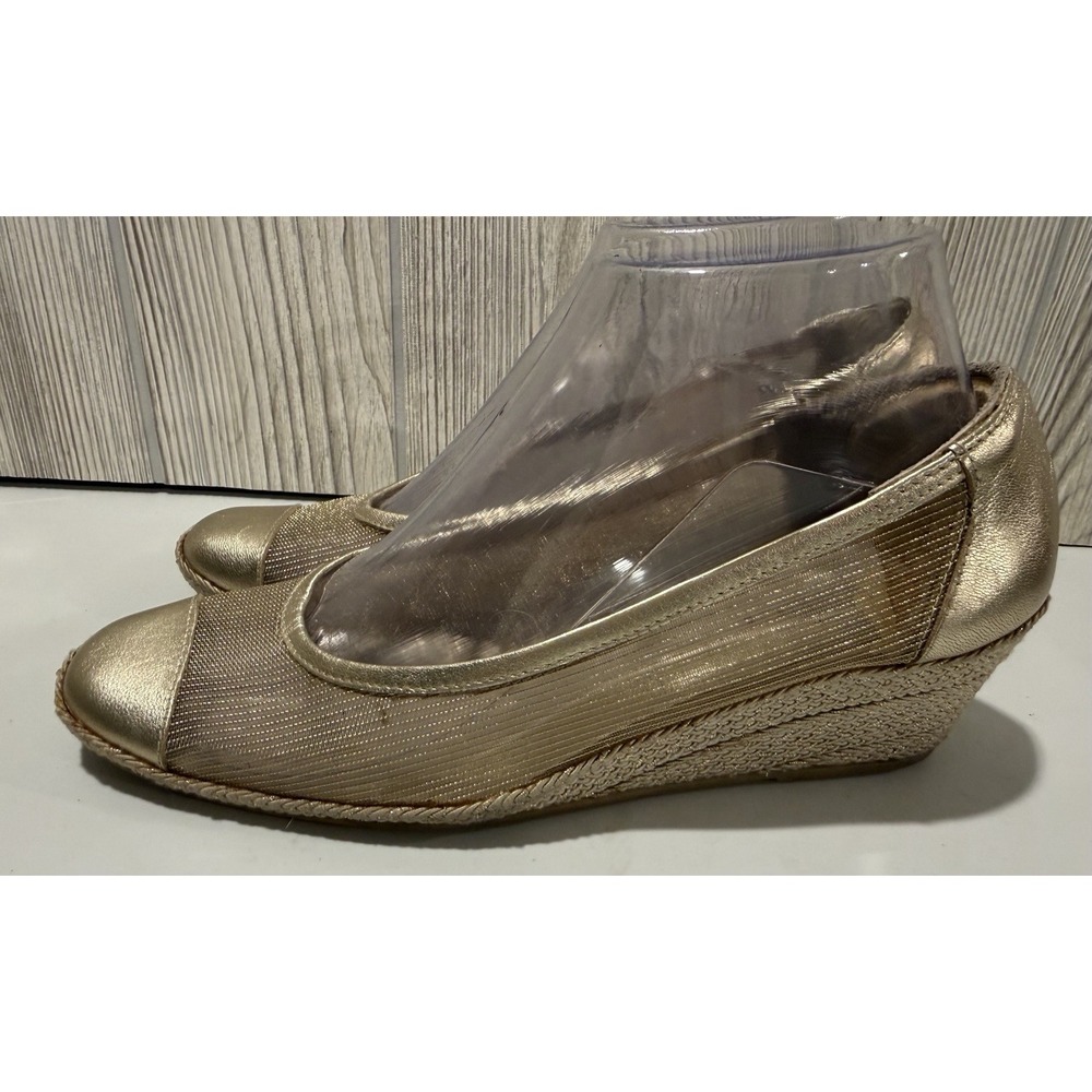 Sesto‎ Meucci 8 Mid Heel Pumps Gold Metallic Mesh Leather Wedge Peep Toe Sandals